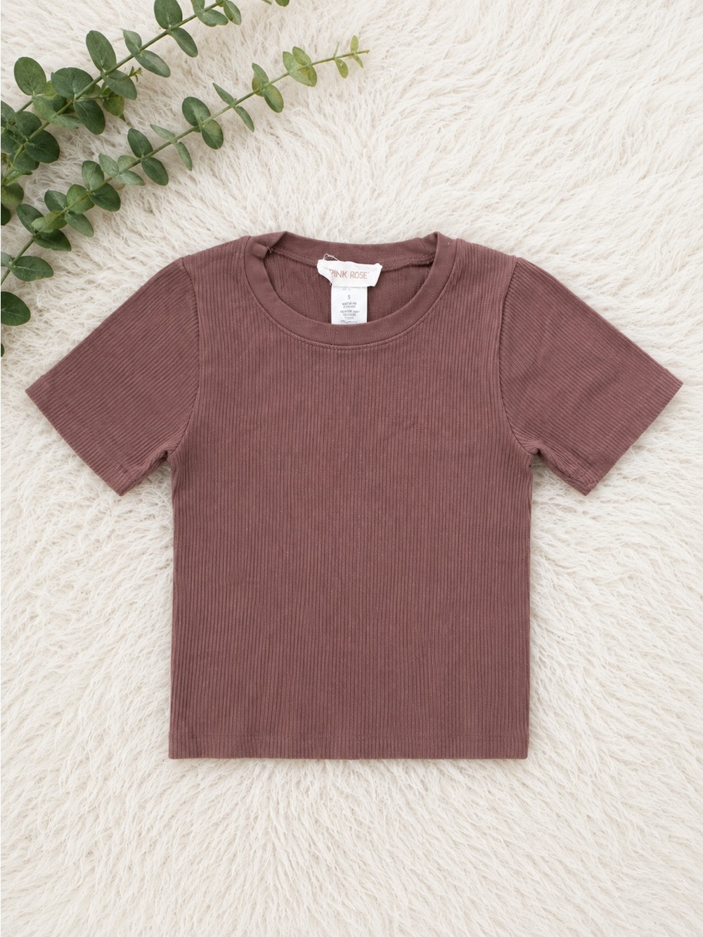 Pink Rose Ribbed Short Sleeve Crop Top Mauve Brown Small